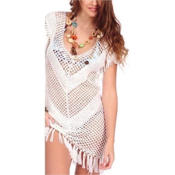 NWOT Vintage Havana Crocheted Fringe V-Neck Swim Cover Up Dress Small - Picture 1 of 11